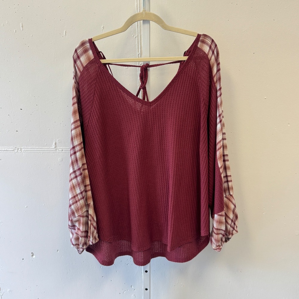ACOA Burgundy Waffle Knit Plaid Balloon Sleeve Tie Back Top Plus Size 1X Relaxed